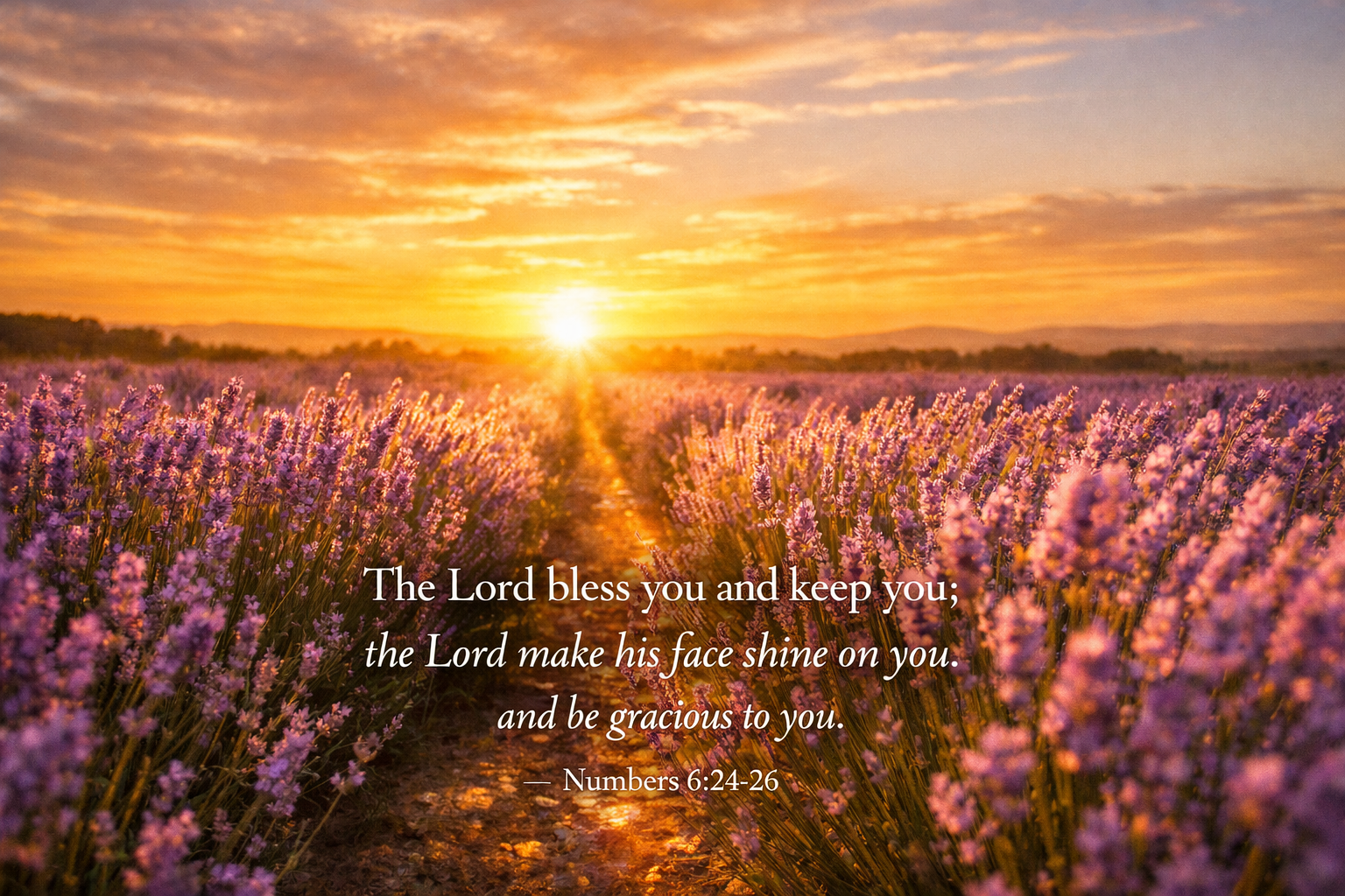 Numbers 6:24-26 Bible verse wallpaper - The Lord bless you and keep you - rows of lavender blooming under warm sunset glow